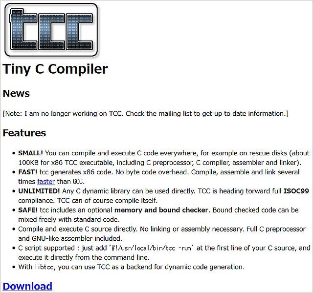図1・Tiny C CompilerのWebページ