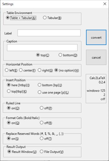 図4・Calc2LaTeXのSettingsダイアログボックス