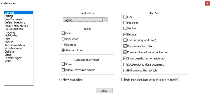 図1・Notepad++ の Preference ダイアログボックス