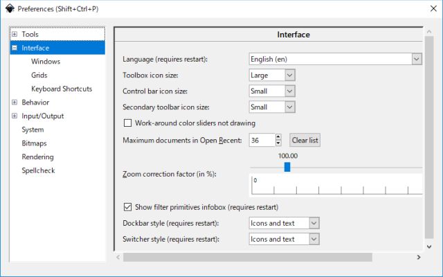 図2・Inkscape の Preference ダイアログボックス