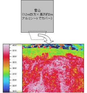 雪山の保存実験：雪山周囲の地面温度の熱画像
